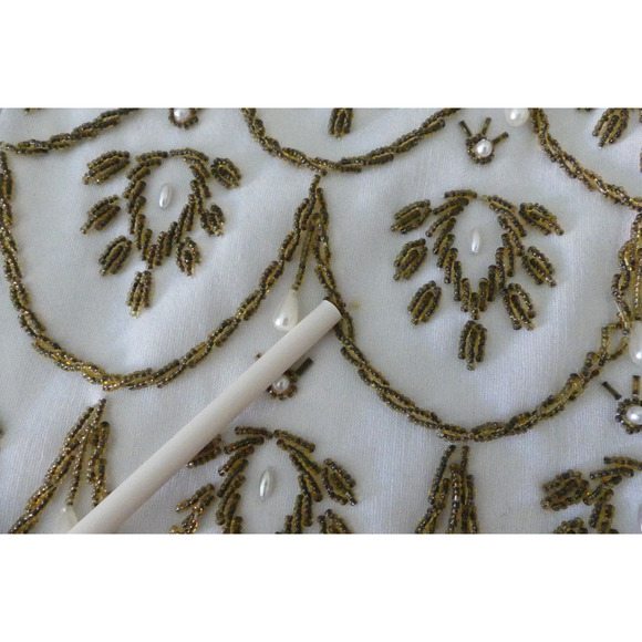 Vtg Macy's 60s Ivory Gold Beaded Top 10 Pearl Drop Tassel Deco Hong Kong - Picture 12 of 13